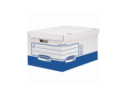Archiváló konténer, karton, ultra erős, nagy, Fellowes® Bankers Box Basic, 10 db/csomag, kék-fehér