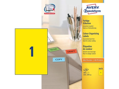 Etikett címke, 210x297mm, 3473 1 címke/ív 100ív/doboz, Avery sárga