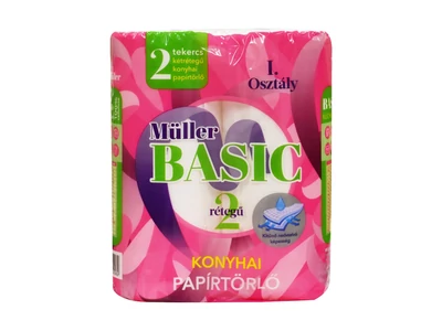Háztartási papírtörlő kéztörlő 2 rétegű 40 lap/tekercs 2 tekercs/csomag Müller Basic hófehér