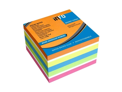 Jegyzettömb öntapadó, 75x75mm, 450lap, Info Notes intenzív narancs, sárga, kék, zöld, pink