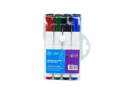 Táblamarker készlet, 3mm, mágneses, törlővel multifunkciós kerek Bluering®, 4 klf. szín
