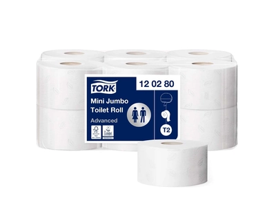 Toalettpapír 2 rétegű közületi átmérő: 18,8 cm 850 lap/170 m/tekercs 12 tekercs/csomag Mini Jumbo Tork_120280 fehér