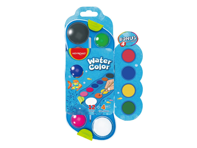 Vízfesték készlet, 12+4 cserélhető színnel, ecsettel, műanyag dobozban, Keyroad